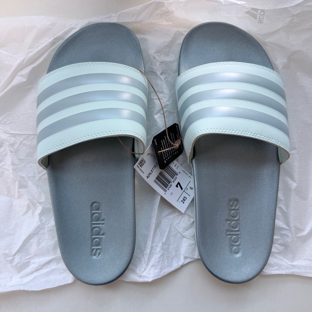 Adidas Adilette Comfort Slides Women 7 Mint Green Metallic Silver II0011 NEW